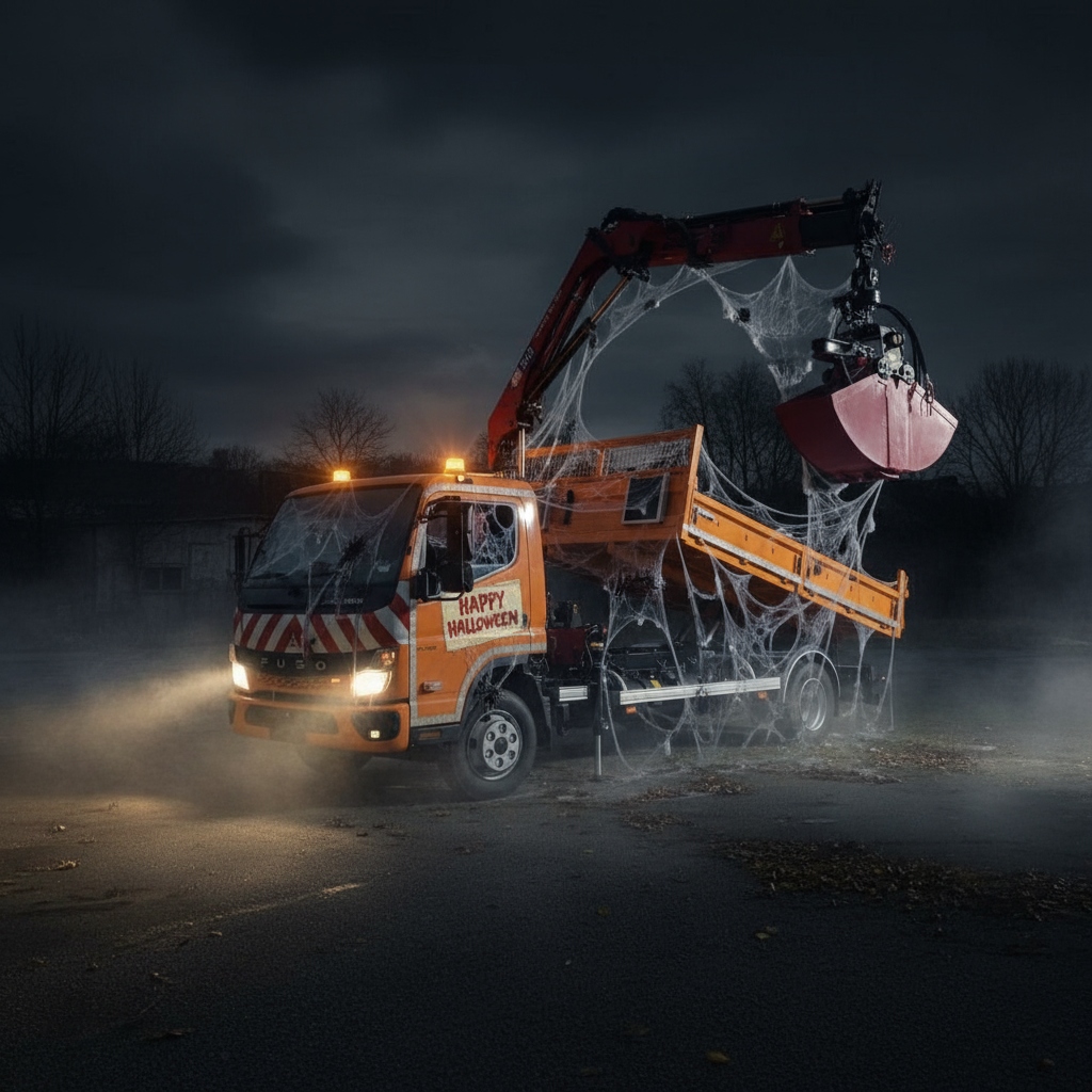 Un camion Fuso fantomatique émerge de la brume la nuit d'Halloween, couvert de toiles d'araignées, ses phares brillant d'une lueur menaçante.