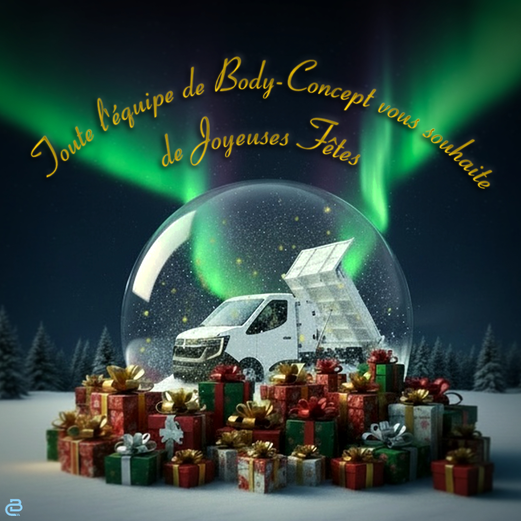 Visuel de fin d’année Body-Concept : boule à neige, camion et cadeaux, message “Joyeuses Fêtes”.